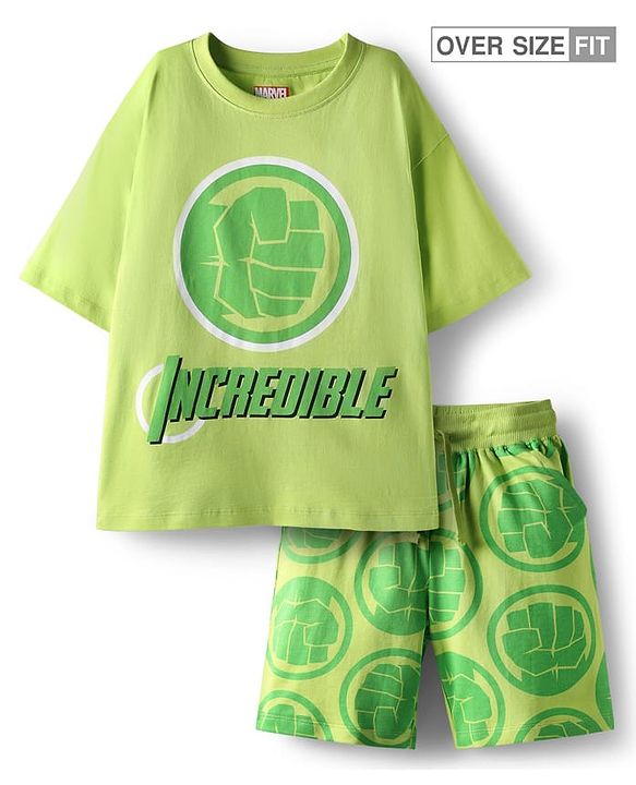 Pine Kids Marvel Single Jersey Knit Drop Shoulder Half Sleeves Oversized T-Shirt & Shorts Set With Avengers Graphics - Green