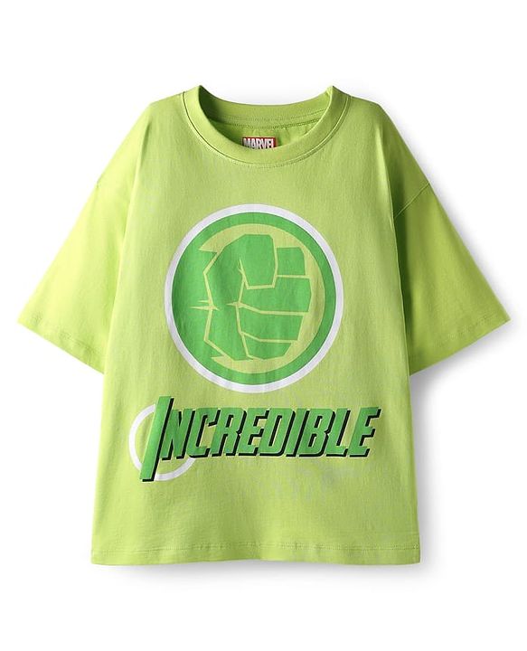 Pine Kids Marvel Single Jersey Knit Drop Shoulder Half Sleeves Oversized T-Shirt & Shorts Set With Avengers Graphics - Green