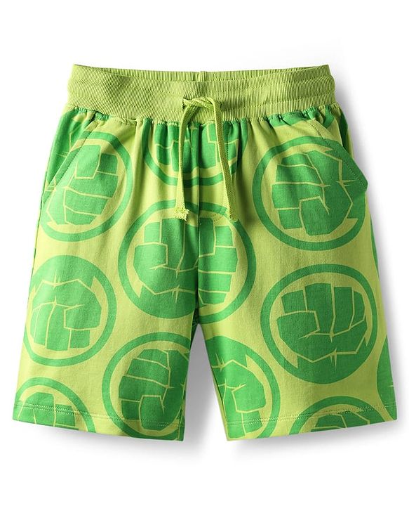 Pine Kids Marvel Single Jersey Knit Drop Shoulder Half Sleeves Oversized T-Shirt & Shorts Set With Avengers Graphics - Green