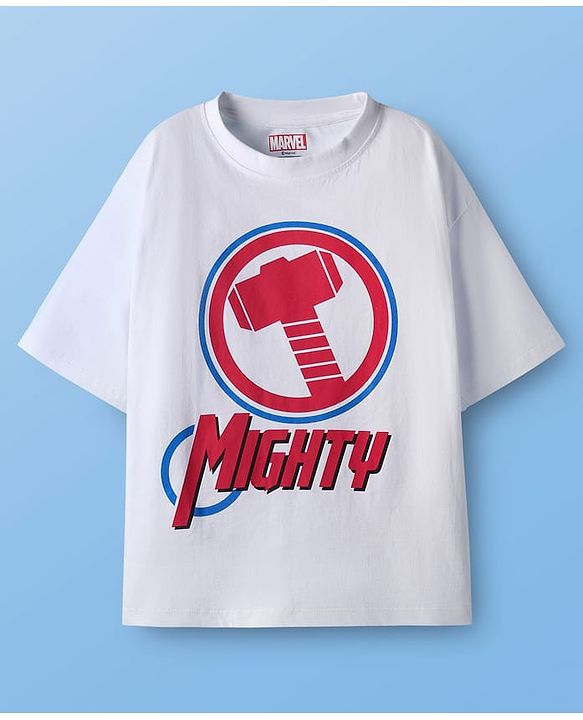 Pine Kids Marvel Single Jersey Knit Drop Shoulder Half Sleeves Oversized T-Shirt & Shorts Set With Thor Graphics - White & Red