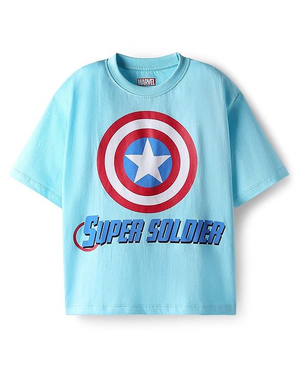Pine Kids Marvel Single Jersey Knit Drop Shoulder Half Sleeves Oversized T-Shirt & Shorts Set With Captain America Graphics - Light Blue
