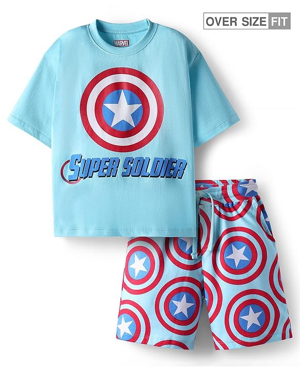 Pine Kids Marvel Single Jersey Knit Drop Shoulder Half Sleeves Oversized T-Shirt & Shorts Set With Captain America Graphics - Light Blue