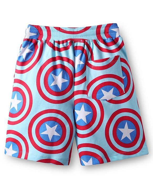 Pine Kids Marvel Single Jersey Knit Drop Shoulder Half Sleeves Oversized T-Shirt & Shorts Set With Captain America Graphics - Light Blue