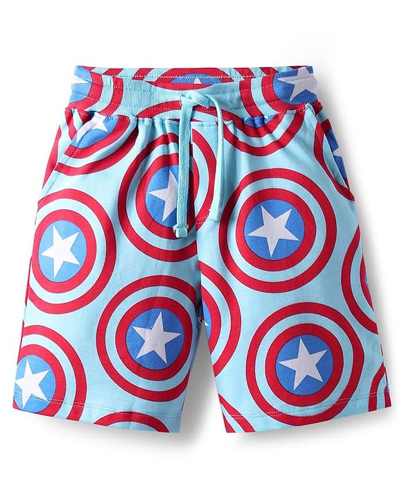 Pine Kids Marvel Single Jersey Knit Drop Shoulder Half Sleeves Oversized T-Shirt & Shorts Set With Captain America Graphics - Light Blue