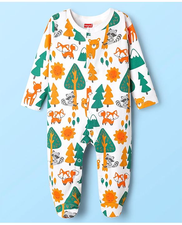 Babyhug 100% Cotton Knit Full Sleeves Footed Sleepsuit With Animal Print - White