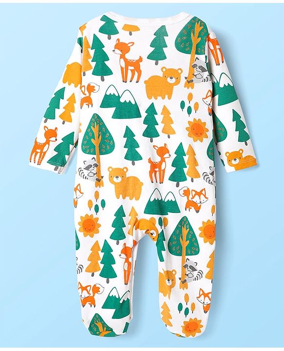 Babyhug 100% Cotton Knit Full Sleeves Footed Sleepsuit With Animal Print - White