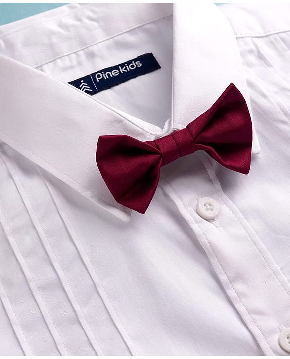 Pine Kids Cotton Woven Full Sleeves Solid Party Shirt with Attached Bow - White