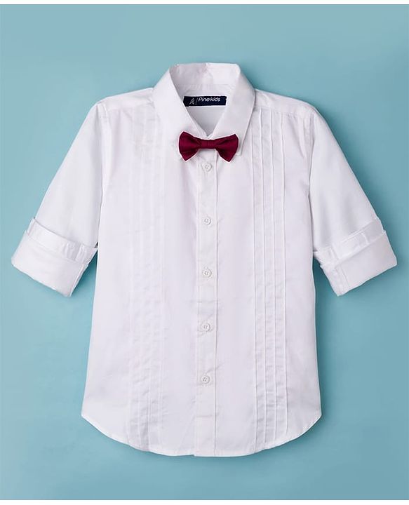 Pine Kids Cotton Woven Full Sleeves Solid Party Shirt with Attached Bow - White