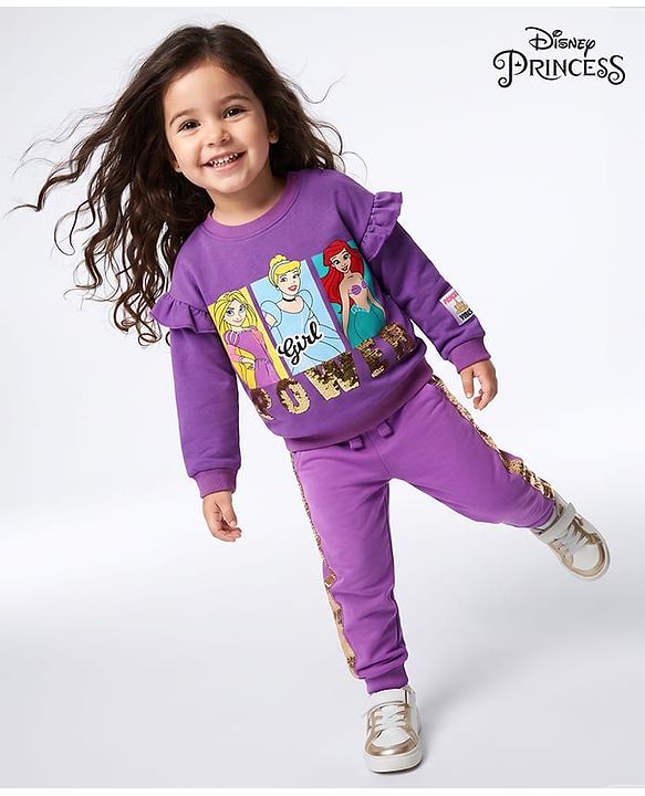 Babyhug Disney 100% Cotton Knit Full Sleeves Sweatshirt & Lounge Pant With Disney Princess Graphic With Reverse Sequin & Badge - Purple