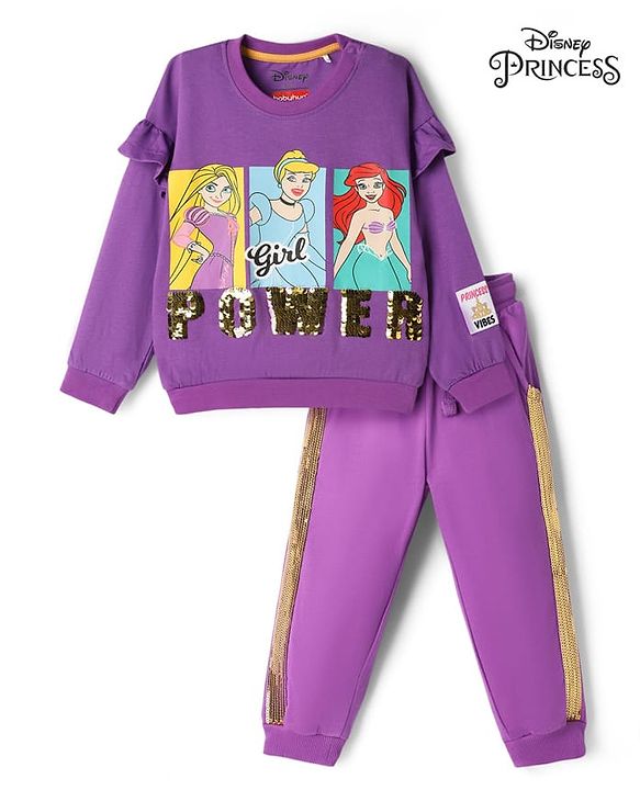 Babyhug Disney 100% Cotton Knit Full Sleeves Sweatshirt & Lounge Pant With Disney Princess Graphic With Reverse Sequin & Badge - Purple