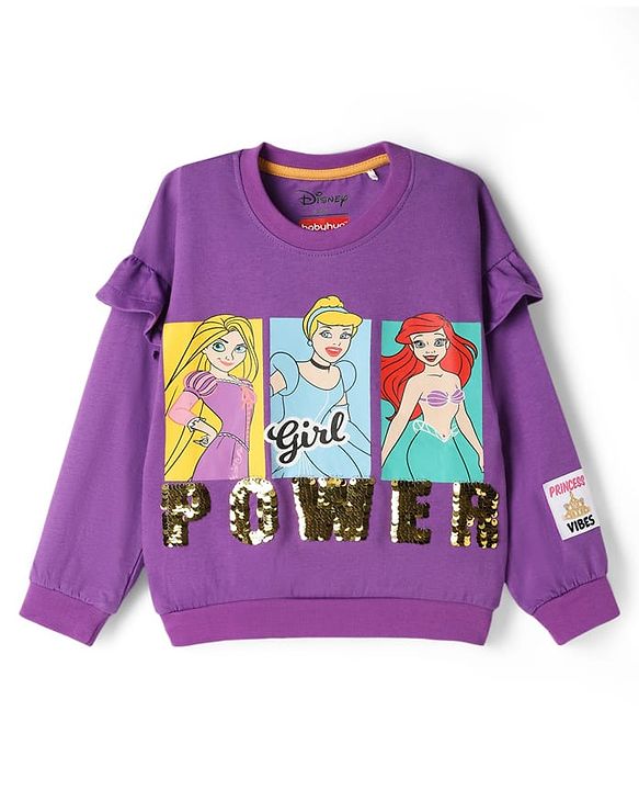 Babyhug Disney 100% Cotton Knit Full Sleeves Sweatshirt & Lounge Pant With Disney Princess Graphic With Reverse Sequin & Badge - Purple