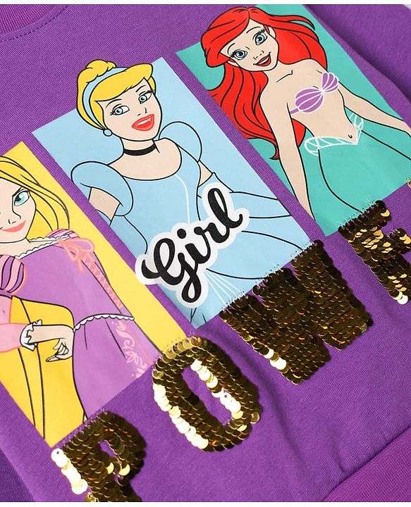 Babyhug Disney 100% Cotton Knit Full Sleeves Sweatshirt & Lounge Pant With Disney Princess Graphic With Reverse Sequin & Badge - Purple