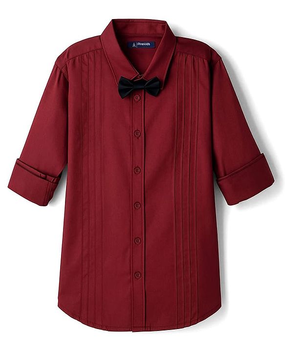 Pine Kids Cotton Woven Full Sleeves Solid Party Shirt With Bow - Maroon