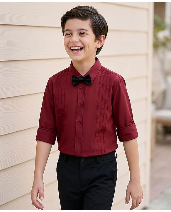 Pine Kids Cotton Woven Full Sleeves Solid Party Shirt With Bow - Maroon
