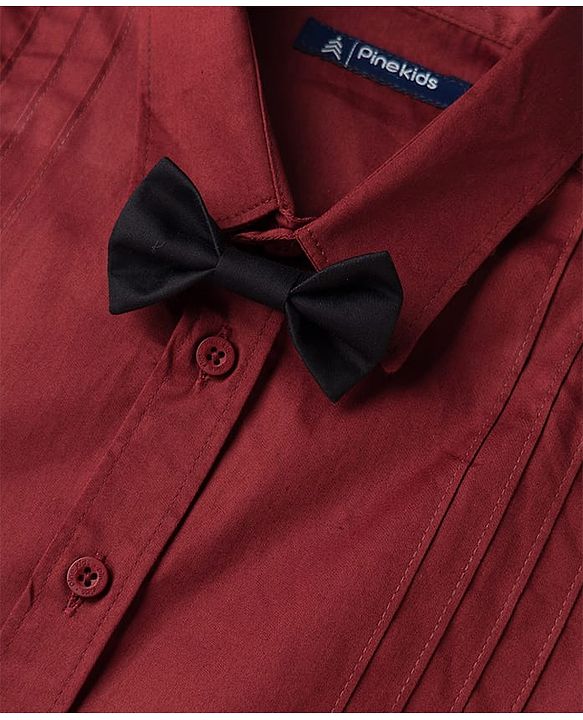 Pine Kids Cotton Woven Full Sleeves Solid Party Shirt With Bow - Maroon
