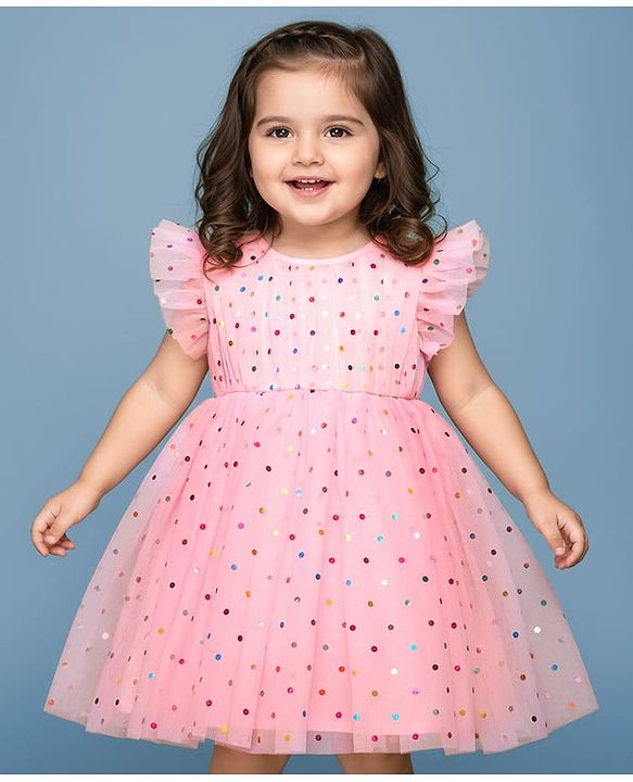 Babyhug Woven Mesh Frill Sleeves Fit & Flare Party Dress with Polka Dot Print - Peach