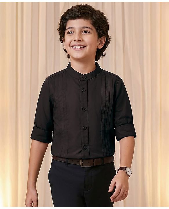 Pine Kids Cotton Woven Full Sleeves Party Shirt with Pin Tuck Pattern - Black