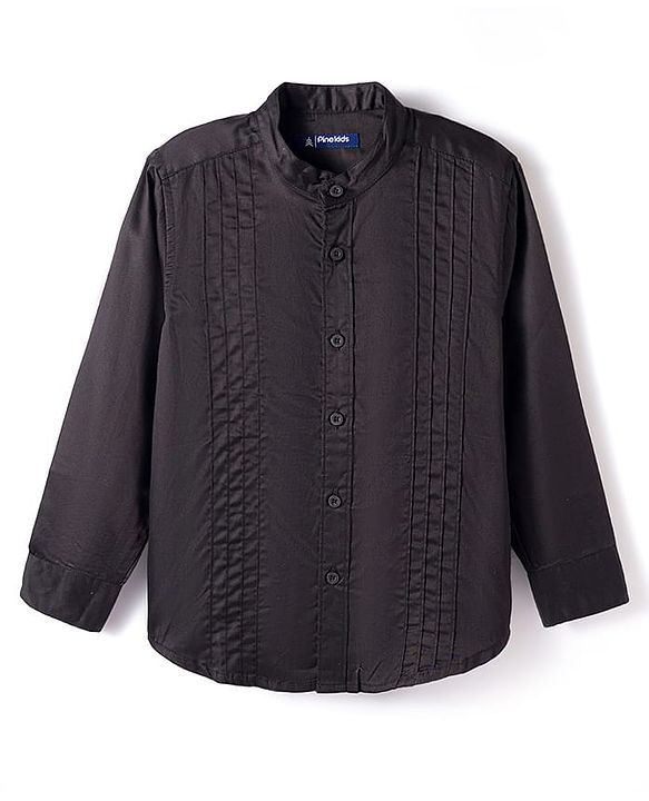 Pine Kids Cotton Woven Full Sleeves Party Shirt with Pin Tuck Pattern - Black