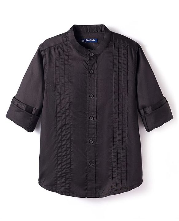 Pine Kids Cotton Woven Full Sleeves Party Shirt with Pin Tuck Pattern - Black