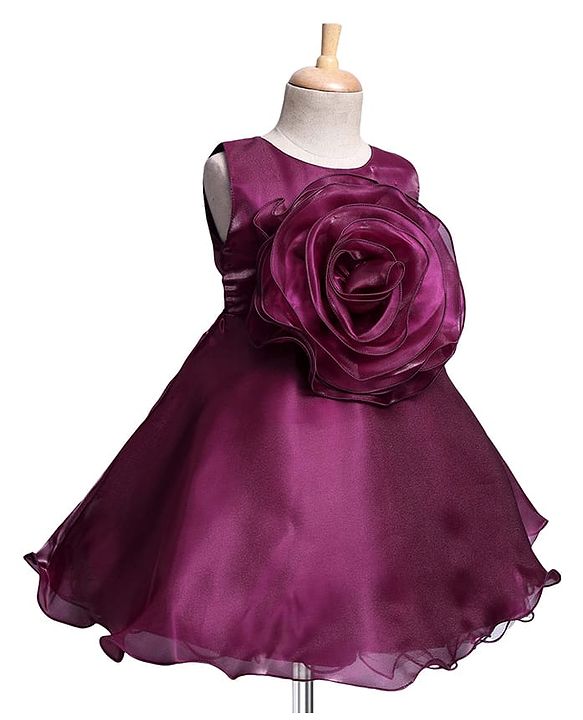 Babyhug Woven Sleeveless Party Dress With Floral Applique On Yoke - Wine
