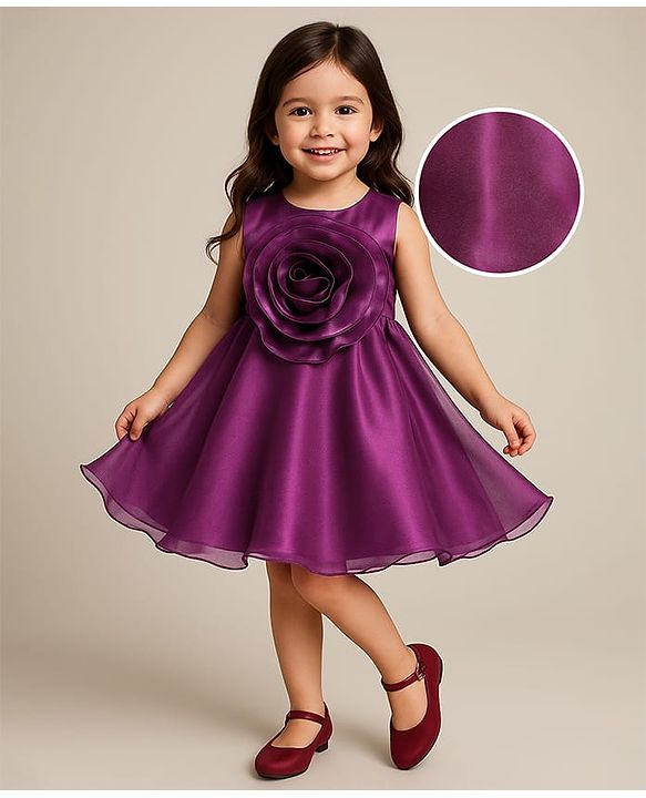 Babyhug Woven Sleeveless Party Dress With Floral Applique On Yoke - Wine