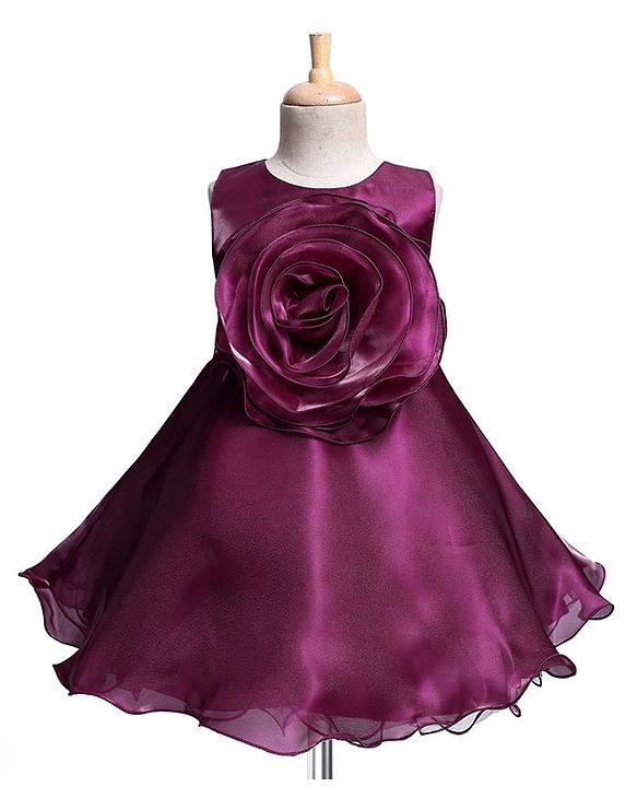 Babyhug Woven Sleeveless Party Dress With Floral Applique On Yoke - Wine
