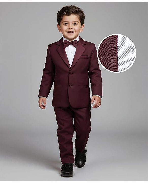 Babyhug Knit Full Sleeves Solid Color 3 Piece Party Suit with Bow Applique - Wine