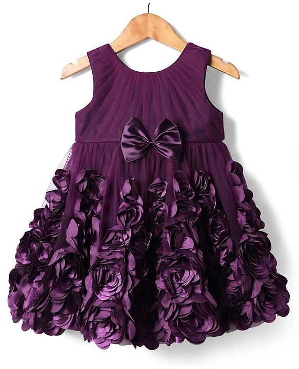 Babyhug Mesh 3D Flower Detailing Sleeveless Party Dress With Bow & 5 Layers With Cotton Lining - Purple
