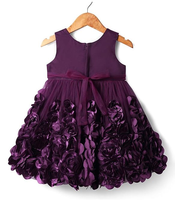 Babyhug Mesh 3D Flower Detailing Sleeveless Party Dress With Bow & 5 Layers With Cotton Lining - Purple