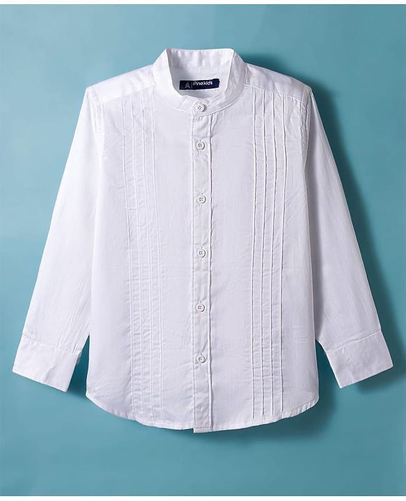 Pine Kids Cotton Woven Full Sleeves Solid Color Party Shirt with Pintuck Detailing - White