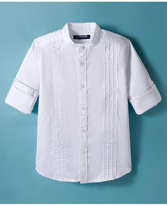 Pine Kids Cotton Woven Full Sleeves Solid Color Party Shirt with Pintuck Detailing - White