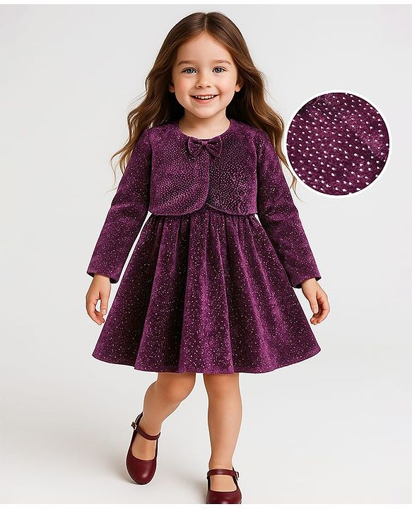 Babyhug Woven Shimmered Party Dress & Full Sleeves Shrug With Bow Applique - Wine