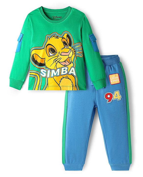Babyhug Disney Single Jersey Knit Full Sleeves T-Shirt & Lounge Pant Set with Lion King Graphic and Badge Detailing - Green & Blue
