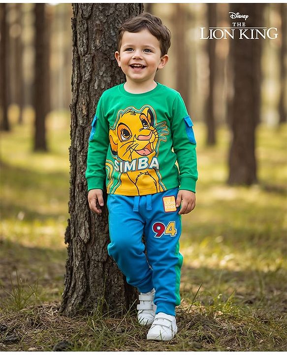 Babyhug Disney Single Jersey Knit Full Sleeves T-Shirt & Lounge Pant Set with Lion King Graphic and Badge Detailing - Green & Blue