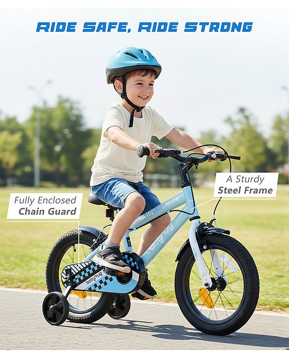 Babyhug Cruise Bicycle for Kids Cycle for 3 to 5 Years Boys & Girls 14T Inches- Blue| 90% Pre-Installed| Sturdy Frame| Training Wheels| Durable Brake| Rubber Tyres| Height Adjustable Seat and Handle