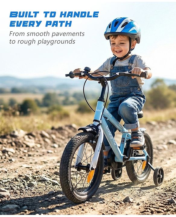 Babyhug Cruise Bicycle for Kids Cycle for 3 to 5 Years Boys & Girls 14T Inches- Blue| 90% Pre-Installed| Sturdy Frame| Training Wheels| Durable Brake| Rubber Tyres| Height Adjustable Seat and Handle