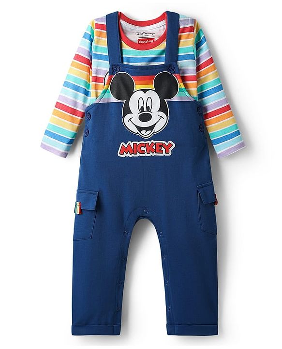Babyhug Disney Single Jersey Knit Full Sleeves Dungaree & Tee With Mickey Mouse Print - Navy Blue