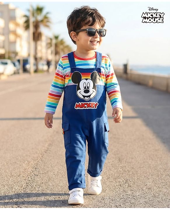 Babyhug Disney Single Jersey Knit Full Sleeves Dungaree & Tee With Mickey Mouse Print - Navy Blue