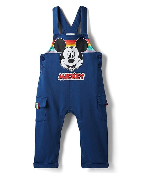 Babyhug Disney Single Jersey Knit Full Sleeves Dungaree & Tee With Mickey Mouse Print - Navy Blue