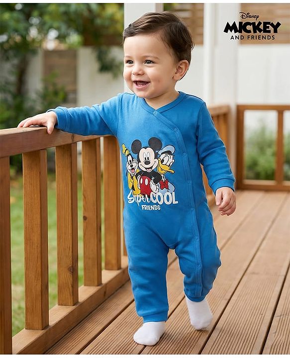 Babyhug Disney Interlock Knit Full Sleeves Rompers with Mickey Mouse & Friends Print - Blue