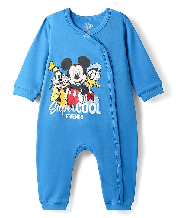 Babyhug Disney Interlock Knit Full Sleeves Rompers with Mickey Mouse & Friends Print - Blue