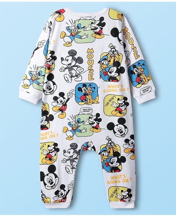 Babyhug Disney Interlock Knit Full Sleeves Rompers with Mickey Mouse & Friends Print - White