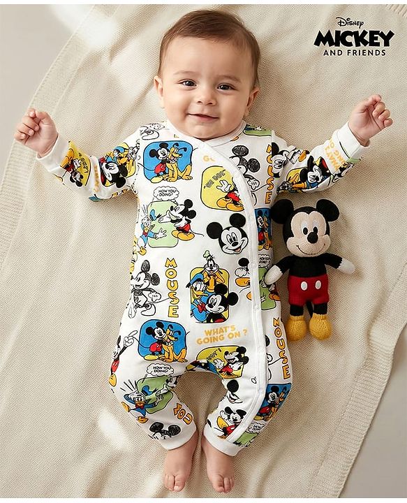 Babyhug Disney Interlock Knit Full Sleeves Rompers with Mickey Mouse & Friends Print - White