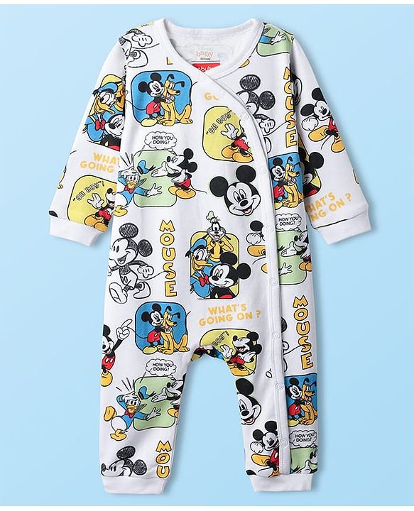 Babyhug Disney Interlock Knit Full Sleeves Rompers with Mickey Mouse & Friends Print - White