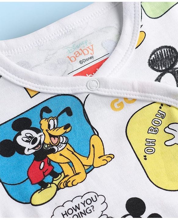 Babyhug Disney Interlock Knit Full Sleeves Rompers with Mickey Mouse & Friends Print - White
