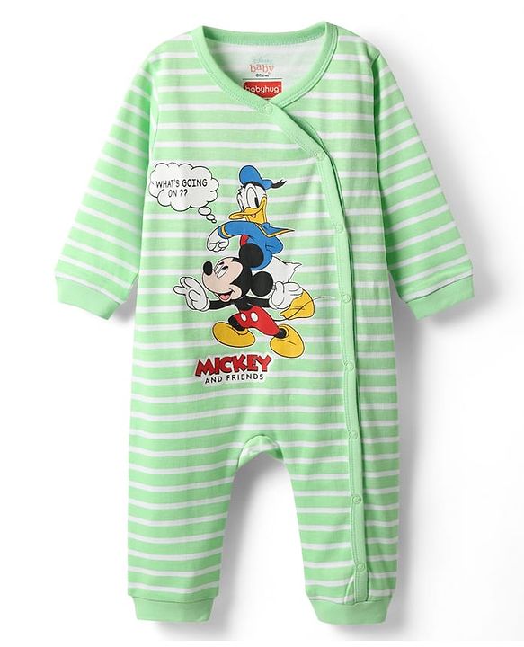 Babyhug Disney Interlock Knit Full Sleeves Romper with Mickey Mouse & Friend Print & Stripe Design - Green