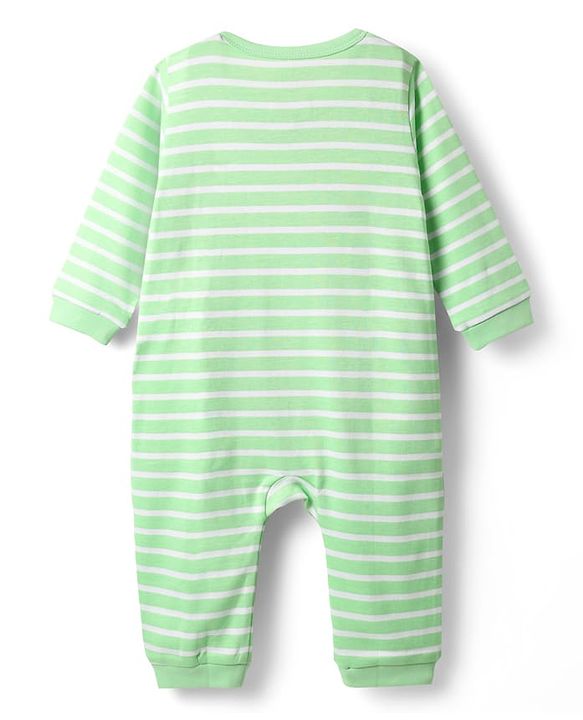 Babyhug Disney Interlock Knit Full Sleeves Romper with Mickey Mouse & Friend Print & Stripe Design - Green