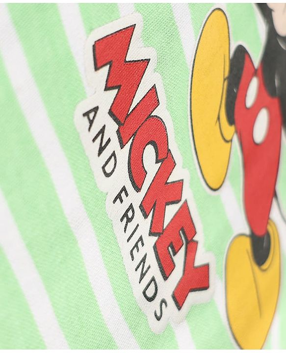 Babyhug Disney Interlock Knit Full Sleeves Romper with Mickey Mouse & Friend Print & Stripe Design - Green