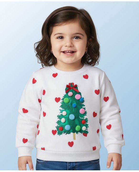 Babyhug Cotton Knit Full Sleeves Sweatshirt With Heart Print & Tree Applique - White