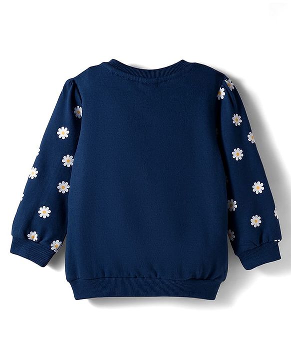 Babyhug Cotton Knit Full Sleeves Sweatshirt With Floral Print & Applique - Navy Blue
